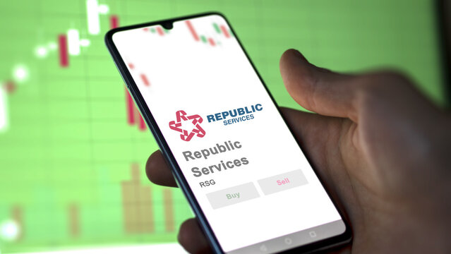 April 09th 2024 , Phoenix, Arizona. Close up on logo of Republic Services on the screen of an exchange. Republic Services price stocks, $RSG on a device.