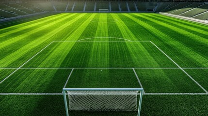 Obraz premium Top view of an empty football stadium, with clean white goalposts and perfectly mowed green grass