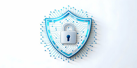 Flat Abstract cybersecurity shield with digital locks on an isolated white background concept as A stylized abstract shield with digital locks embedded within isolated on a white background. The shiel