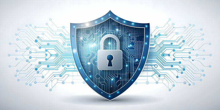 Flat Abstract cybersecurity shield with digital locks on an isolated white background concept as A stylized abstract shield with digital locks embedded within isolated on a white background. The shiel