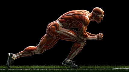 Obraz premium Muscular System in Athletic Pose: A muscular system illustration of a sprinter at the start line, highlighting the tension and readiness in the leg and core muscles. 