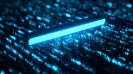 A glowing blue bar amidst a digital landscape of binary code.