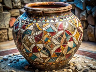 Ancient Mosaic Enigma: Jar adorned with fragments of ancient mosaics, connecting the past to the present with a touch of mystery.