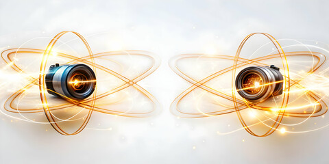 Flat Floating quantum particles with light trails on an isolated white background concept as Two floating quantum particles with glowing light trails suspended on an isolated white background. The par