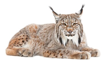 A close-up shot of a lynx lying down on a white surface, perfect for wildlife or nature-themed projects
