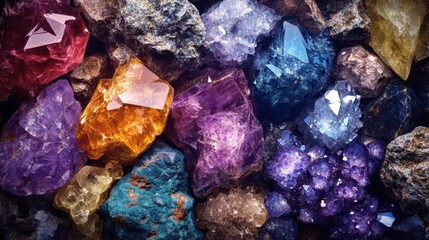 Colorful collection of gemstones and crystals found in a rocky terrain