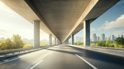 View of a completed overpass with sturdy concrete pillars and smooth road surface, set against an urban backdrop