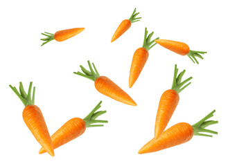 Whole ripe carrots in air on white background