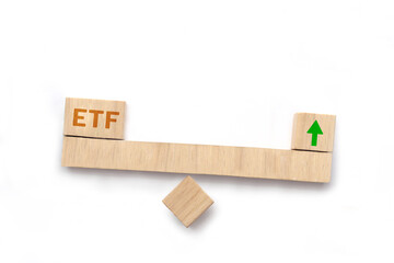 Text on wooden seesaw. Risk management, mutual funds, investment and analysis concept.