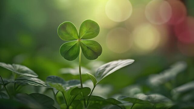 Clover plant with four leaves, natural background bokeh effect. Seamless 4K looping timelapse video animation background