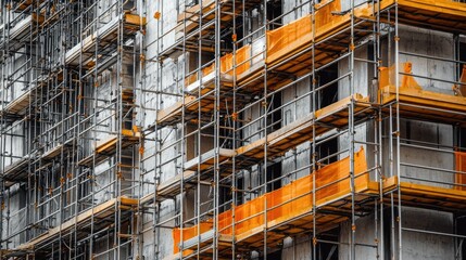 View of a construction site with scaffolding and a partially built structure, showing progress in the building process