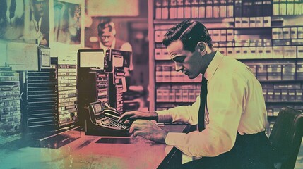 A vintage banking clerk collage featuring a man using an old-fashioned calculator in a retro office setting, symbolizing historical financial work.