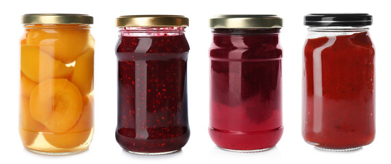 Glass jars with different pickled and canned foods on white background, set