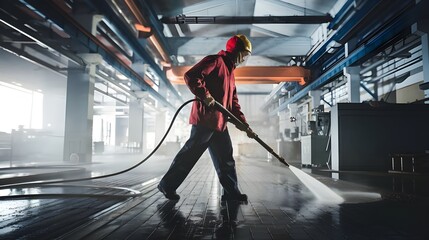 Industrial Slaughterhouse Cleaning - Worker Using Pressure Sprayer