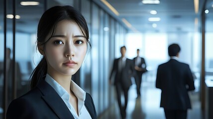 Fototapeta premium A focused businesswoman stands in a modern office, showcasing professionalism and determination amid a busy corporate environment.