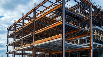 View of a steel structure under construction, with beams and girders forming the skeleton of a building