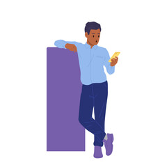 Confused young businessman investor cartoon character with mobile phone checking stock market