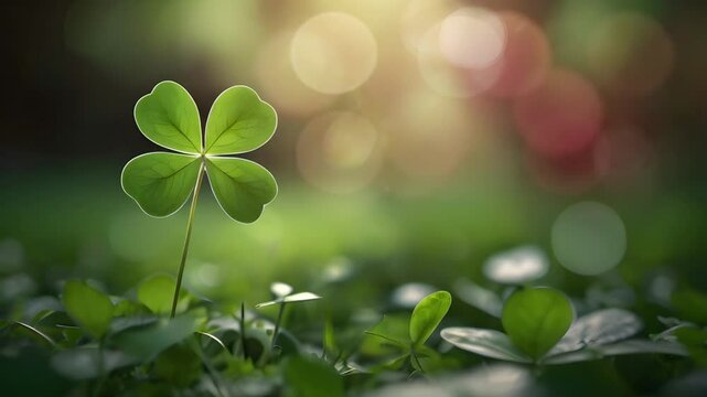 Clover plant with four leaves, natural background bokeh effect. Seamless 4K looping timelapse video animation background