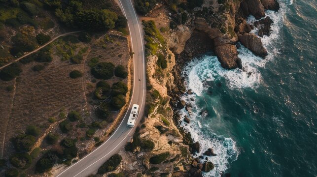 White camper van driving on coastal road above the ocean in portugal