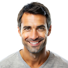 Obraz premium Stylish bearded man with appealing dark eyes smiling having pleased expression being glad to meet his girlfriend. Hipster guy with beard grinning having cheerful look.