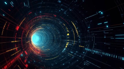 Fototapeta premium Futuristic digital tunnel with vibrant lines and binary code, leading into a deep, dark cyber abyss.
