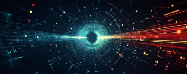 Obraz premium Futuristic digital tunnel with vibrant lines and binary code, leading into a deep, dark cyber abyss.