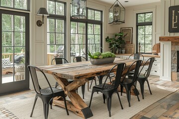 Obraz premium Modern Rustic Kitchen and Dining Area, Comfortable Seating