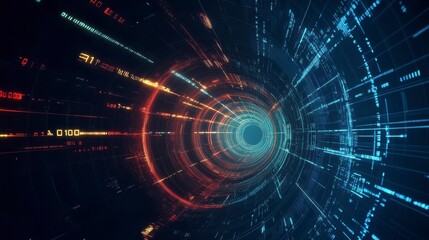 Obraz premium Futuristic digital tunnel with vibrant lines and binary code, leading into a deep, dark cyber abyss.