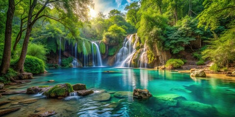 Naklejka premium Aquatic Paradise in Forest's Heart: Hidden waterfalls, secret coves, secluded atmosphere, turquoise blues, lush greens