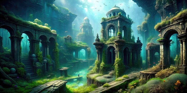 Aquatic Necropolis: Somber, evocative scene featuring submerged ruins, underwater vegetation, and a sense of decay and tranquility.