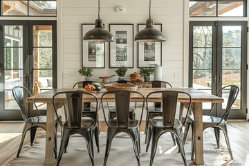 Obraz premium Modern Farmhouse Dining Room, Rustic Table and Chairs