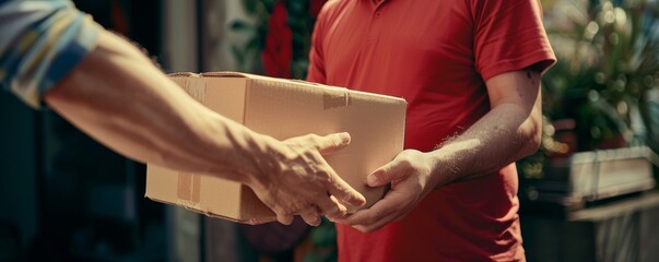 A delivery service worker in a red shirt hands a package to another person in an urban environment with greenery in the background, representing home delivery and courier services.