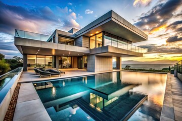 Architectural Masterpiece: Bold, geometric, concrete and glass, infinity pool as an integral part of architectural design