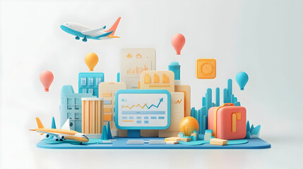 3D Icon as AI data analysis and travel itinerary concept as An AI data analysis icon paired with a travel itinerary representing the analytical power of AI in planning holiday trips perfect for isolat