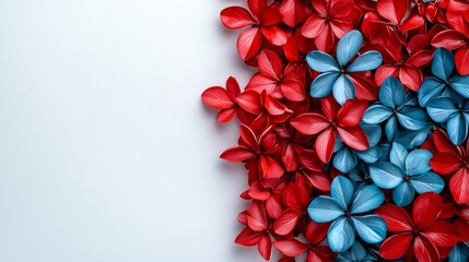 Small coral red and turquoise summer leaves with tiny plumerias on a white backdrop. Minimalistic, high resolution, clear sharp focus, hyper-detailed.