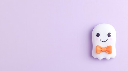 Light lavender background with a tiny smiling kawaii ghost wearing a bow tie in the bottom right, cute and minimalist Halloween vibe