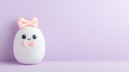 Light pastel purple background with a small kawaii ghost wearing a bow in the upper left corner, cute Halloween detail