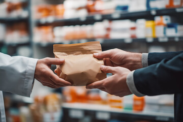 close-up of a pharmacist's hand with medicines in his hands.