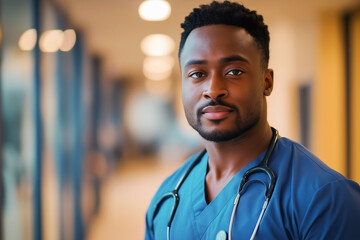 Fototapeta premium Portrait, black male doctor in the hospital. An African medical professional, face and surgeon, a person or a confident employee of African countries with a career in the healthcare sector.