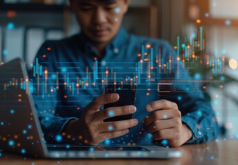 Young Asian man using a mobile phone and laptop for trading on the stock market at home, a business concept with a virtual graph chart hologram background.