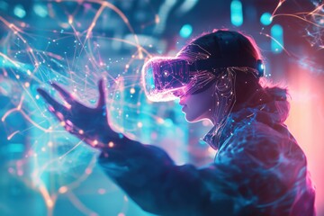 Person wearing VR glasses is interacting with an abstract digital world, surrounded by glowing lines and shapes that create the illusion of being in another dimension. Cyberpunk, futuristic, high-tech
