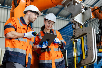 mechanic engineer man and woman are checking quality system of automation robot arms machine in factory. Service programming machinery welding robots in production at factory industry.