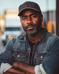 Portrait of an African American driver standing near his truck.