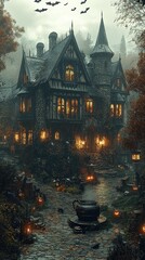 Obraz premium Scary Gothic castle on Halloween night, haunted palace or mansion for dark blue background. Spooky view of old mystery castle and bats in full moon. Horror scene with big gloomy house, fantasy place