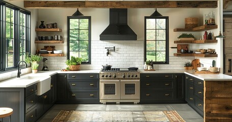 Stylish Modern Kitchen with Shelves and Rustic Appliances