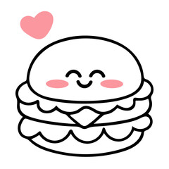 A cute cartoon kawaii hamburger with a smiling face and a pink heart above it