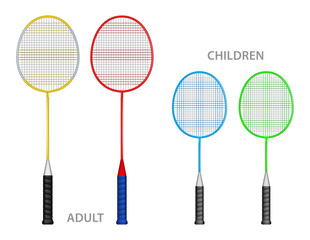 An Illustration of four shows two children's rackets and two adult rackets Colorful Badminton Rackets. shows three badminton rackets, each with a different color scheme. The left racket has a yellow 
