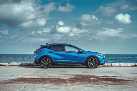 A blue car parked along the side of a coastal road with the ocean in the background