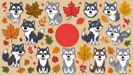Obraz premium sticker set, different cute funny wolf