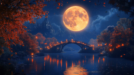 Enchanting night with glowing full moon over illuminated bridge and autumn trees